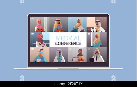 médecins arabes sur écran d'ordinateur portable ayant médecine de vidéoconférence médicale concept de communication en ligne de soins de santé portrait horizontal illustration vectorielle Illustration de Vecteur