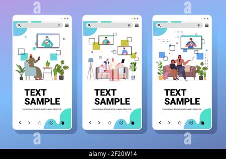 définissez la course mixte à discuter avec les médecins pendant les appels vidéo consultation médicale en ligne coronavirus quarantaine auto-isolement concept écrans de smartphone illustration du vecteur de sélection Illustration de Vecteur