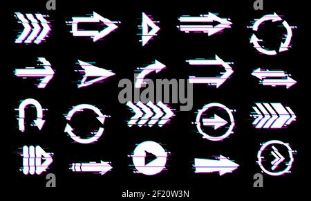 Flèches pointeurs icônes, éléments de conception de navigation web avec effet de glitch. Bouton de lecture, flèches de cercle et curseurs avec dysfonctionnement de l'affichage, perte de signal Illustration de Vecteur