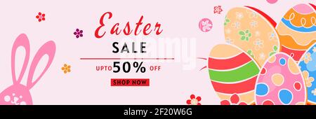 Joyeuses Pâques 50% solde bannière.magnifique arrière-plan avec œufs colorés et lapin. Illustration vectorielle pour site Web , affiches, publicités, coupons, promotion ma Illustration de Vecteur