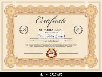 Modèle de vecteur de certificat de réalisation, bordure de diplôme ornée de conception. Cadre officiel de remise des prix, document papier pour l'appréciation ou la remise des diplômes du gagnant Illustration de Vecteur