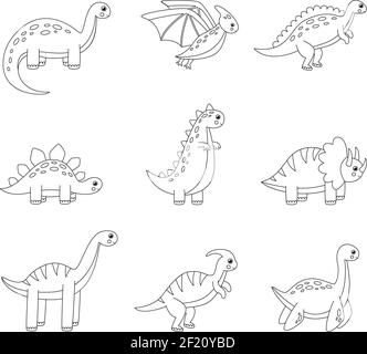 Page de coloriage avec dessins animés dinosaures. Ensemble de reptiles noirs et blancs. Illustration de Vecteur