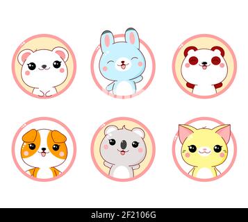 Ensemble de l'icône de membre kawaii. Personnages de dessin animé mignons. Collection bébé d'avatars avec animaux. Imprimé puéril avec chat, lapin, ours polaire, panda, chien A. Illustration de Vecteur