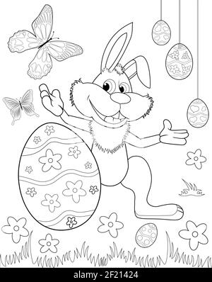 Une esquisse d'un lapin de Pâques. Œufs de Pâques. Contours noirs sur fond blanc. Livre de coloriage pour enfants. Illustration de Vecteur