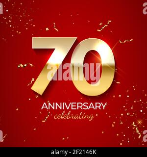 Décoration anniversaire. Golden numéro 70 avec des rubans confetti, paillettes et banderoles sur fond rouge. Illustration vectorielle Illustration de Vecteur