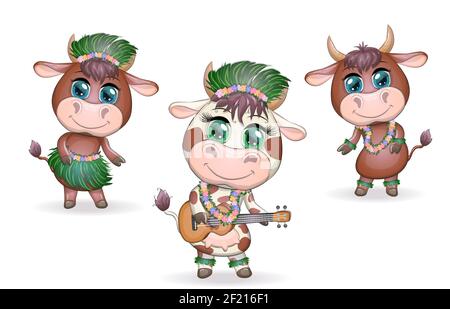 Nouvelle année tropicale 2021, célébration. Groupe de vaches et taureaux comme danseuses de hula avec guitares acoustiques ukulele, Hawaii. Illustration de Vecteur