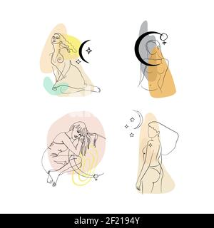 Ensemble de dessin d'une seule ligne de portraits de femmes avec lune et étoiles sur un arrière-plan géométrique abstrait neutre. Illustration de Vecteur