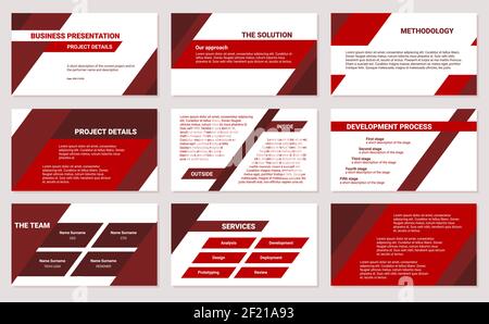 Modèle de conception de présentation d'entreprise powerpoint. Lignes obliques plates simples, triangles, couleur rouge, 9 diapositives. Document d'entreprise moderne. Illustration de Vecteur