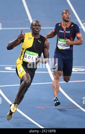 La Jamaïque Usain Bolt rivalise et gagne en hommes 100m pendant les Jeux Olympiques RIO 2016, Athlétisme, le 14 août 2016, à Rio, Brésil - photo Jean-Marie Hervio / KMSP / DPPI Banque D'Images