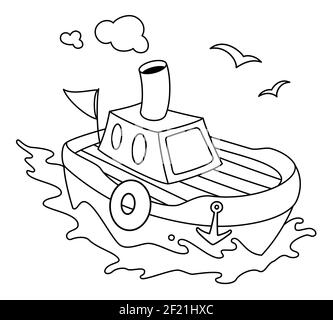 Dessin animé dessin artistique dessin animé d'un bateau sur la mer.clipart vecteur isolé sur fond blanc. Illustration de Vecteur