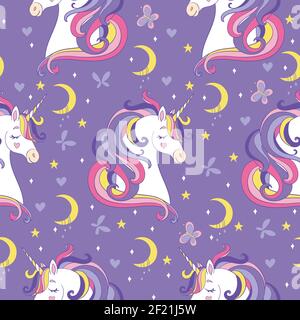 Motif sans couture avec têtes de licorne, lune et papillons isolés sur fond violet. Illustration vectorielle pour fête, impression, douche bébé, papier peint, d Illustration de Vecteur