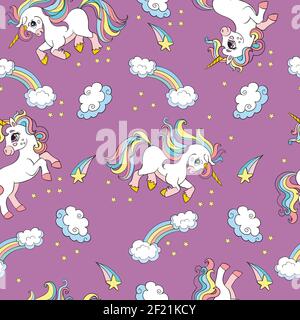 Motif sans couture de jolies licornes et arcs-en-ciel isolés sur fond violet. Illustration vectorielle pour fête, impression, douche de bébé, papier peint, de Illustration de Vecteur