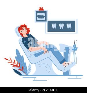 Mignon caricature femme sur le dentiste visite assis dans la chaise dentaire avec expression gaie, illustration vectorielle plate isolée sur fond blanc. Patient o Illustration de Vecteur