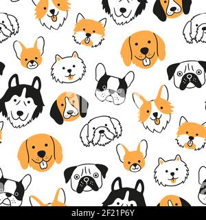 Motif sans couture avec têtes de chiens de différentes races. Corgi, Pug, Chihuahua, Terrier, Husky, Poméranie. Illustration de Vecteur