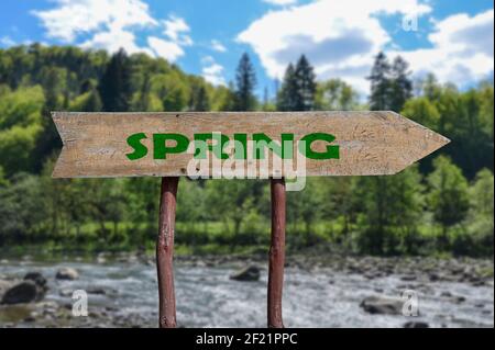 Panneau de flèche en bois de printemps sur fond de rivière et de forêt. Belle nature au printemps. Banque D'Images