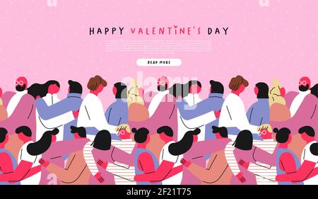 Illustration du modèle Web de la Saint-Valentin avec des couples de dessins animés à la main. Divers cofriend et petite amie roses qui s'embrassent ensemble. Février Illustration de Vecteur