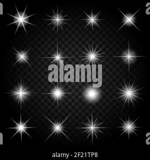 Les étoiles éclate avec des effets de lumière étincelants. Jeu de lumières graphiques, feu d'artifice en rafale scintillant, illustration vectorielle Illustration de Vecteur