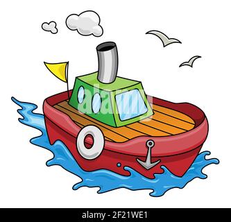 Dessin animé pour enfants coloré illustration d'un bateau sur la mer.clipart vecteur isolé sur fond blanc. Illustration de Vecteur