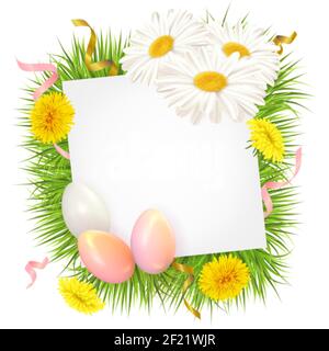 Le fond de Pâques avec des oeufs et des pâquerettes et des pissenlits. Modèle pour carte d'invitation, bannière, affiche avec œufs de pâques et fleurs de printemps Illustration de Vecteur