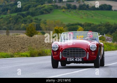 CAGLI, ITALIE - 22 octobre 2020: CAGLI , ITALIE - OTT 24 - 2020 : AC ACE 1955 une vieille voiture de course en rallye mille Miglia 2020 le célèbre ra historique italien Banque D'Images