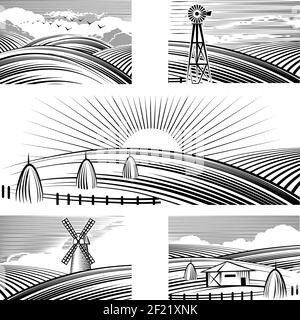 Paysages ruraux rétro. Paysage rural peint lignes noires. Illustration vectorielle Illustration de Vecteur