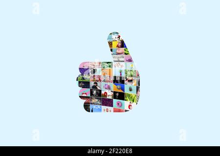 symbole de pouce, collage de photos de stock colorées, concept de réseaux sociaux Banque D'Images