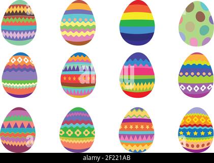 Lot de 12 œufs de Pâques colorés sur fond blanc. Illustration vectorielle isolée. Illustration de Vecteur