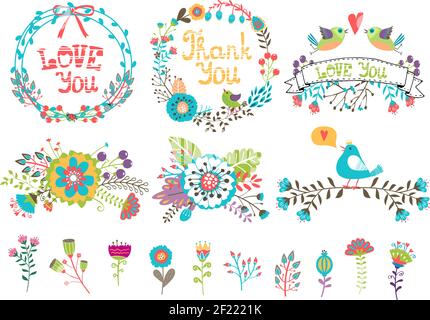 Motif de mariage dessiné à la main. Fleurs et couronnes pour invitations. Ensemble d'éléments colorés tirés de plantes et de fleurs pour la décoration Illustration de Vecteur
