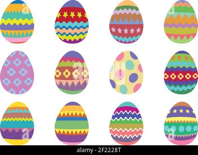 Lot de 12 œufs de Pâques colorés sur fond blanc. Illustration vectorielle isolée. Illustration de Vecteur
