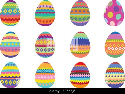 Lot de 12 œufs de Pâques colorés sur fond blanc. Illustration vectorielle isolée. Illustration de Vecteur