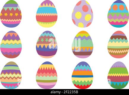Lot de 12 œufs de Pâques colorés sur fond blanc. Illustration vectorielle isolée. Illustration de Vecteur