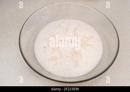 Levure brute, mûrissant dans un plat en verre, debout sur la table. Banque D'Images