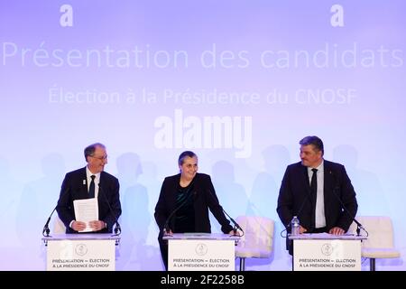 Denis Masseglia, Isabelle Lamour, David Douillet lors de l'introduction des candidats à la présidence du CNO France (Comité National Olympique), à Paris, le 25 avril 2017, France - photo Philippe Millereau / KMSP / DPPI Banque D'Images