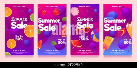 Soldes d'été modèles de médias sociaux ou conception d'affiches, offre spéciale promotion, caricature d'été, fruits frais, crème glacée et sphères abstraites 3d. Voir les mises en page vectorielles de remise, les bandeaux Web Illustration de Vecteur