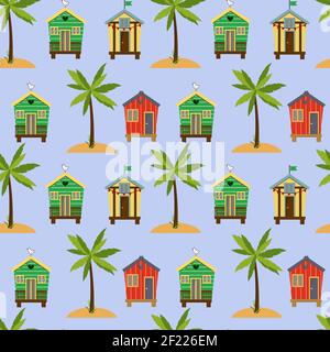 Motif avec maisons de plage et palmiers. Illustration estivale d'un séjour en bord de mer. Illustration de Vecteur