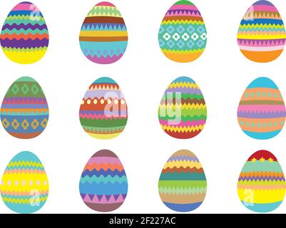 Lot de 12 œufs de Pâques colorés sur fond blanc. Illustration vectorielle isolée. Illustration de Vecteur