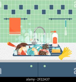 Évier de cuisine avec vaisselle et ustensiles sales. Mess et évier, sale et ustensiles de cuisine, éponge de lavage. Illustration vectorielle Illustration de Vecteur