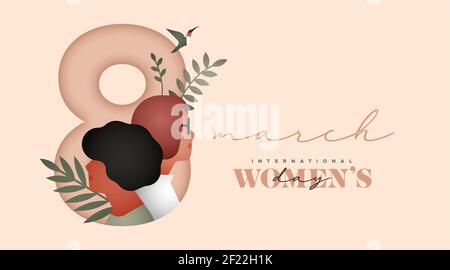 Illustration de la carte de vœux Happy Women Day. Diverses femmes visages avec belle nature tropicale feuille de plante et oiseau. Design minimaliste pour les stagiaires Illustration de Vecteur