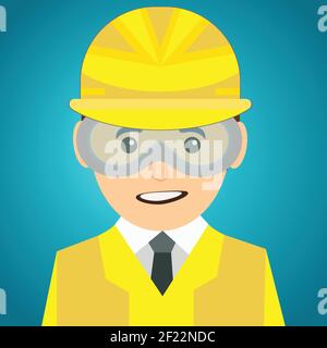 Jeune homme portant un casque de sécurité et des lunettes de sécurité dans l'industrie de la construction Illustration de Vecteur