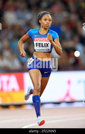 Allyson Felix (USA) participe à 400 mètres haies femmes lors des Championnats du monde d'athlétisme 2017, au Stade Olympique, à Londres, Royaume-Uni, jour 4, Le 7 août 2017 - photo Julien Crosnier / KMSP / DPPI Banque D'Images