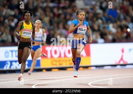 Allyson Felix (USA) participe à 400 mètres haies femmes lors des Championnats du monde d'athlétisme 2017, au Stade Olympique, à Londres, Royaume-Uni, jour 4, Le 7 août 2017 - photo Julien Crosnier / KMSP / DPPI Banque D'Images