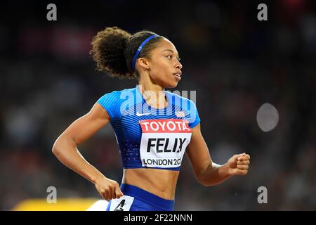 Allyson Felix (USA) participe à 400 mètres haies femmes lors des Championnats du monde d'athlétisme 2017, au Stade Olympique, à Londres, Royaume-Uni, jour 4, Le 7 août 2017 - photo Julien Crosnier / KMSP / DPPI Banque D'Images