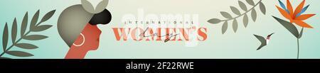 Illustration de la bannière Web de la Journée des femmes heureuses. Belle femme visage avec fleur tropicale feuille de plante et oiseau. Design moderne et minimaliste pour mars 8 int Illustration de Vecteur