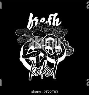 Étiquette de produits de boulangerie frais avec des produits de boulangerie sur le mur noir imprimés artistiques et chemises Illustration de Vecteur