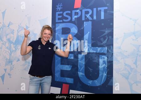Marie Dorin Habert (FRA) lors de la présentation de l'équipe française 100 jours avant les Jeux Olympiques de Pyeongchang 2018 à la salle Pleyel, Paris, le 4 octobre 2017. Photo Jean-Marie Hervio / KMSP / DPPI Banque D'Images