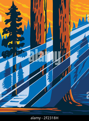 Affiche WPA du monument national du séquoia géant situé Dans le sud de la Sierra Nevada dans le centre est de la Californie Etats-Unis fait en travaux annonce de projet Illustration de Vecteur
