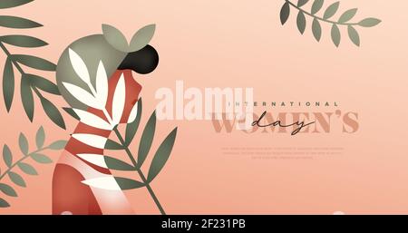 Illustration du modèle Web de la Journée des femmes heureuses. Visage de femme noire avec feuille de plante tropicale. Design moderne et minimaliste pour les femmes du monde entier en mars 8 Illustration de Vecteur