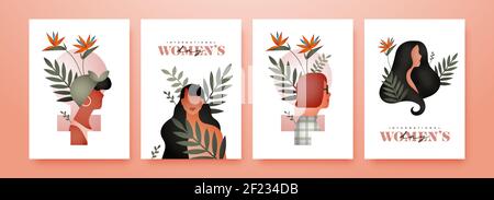 Ensemble de cartes de voeux pour la Journée internationale de la femme, magnifiques personnages féminins variés avec décoration moderne minimaliste et fleurs tropicales pour le mois de mars Illustration de Vecteur