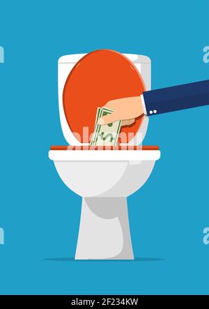 Businessman hand putting dollar bills dans les toilettes. Illustration de Vecteur