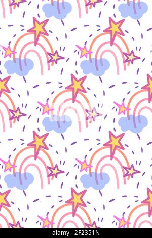 Arc-en-ciel, motif sans couture, drôle de style puéril dessiné à la main, formes de nuage, étoiles asymétriques en rose, couleurs bleues. Arrière-plan blanc Illustration de Vecteur